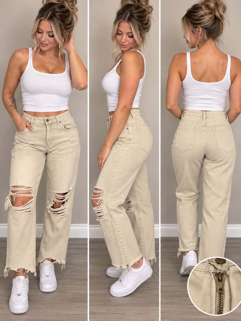 Zenana High Rise Distressed Straight Jeans Sand Beige